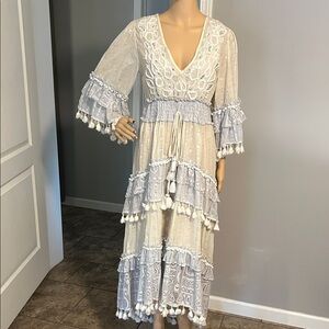 Elegant Lace Bohemian Dress - Cream and Gray / Blue